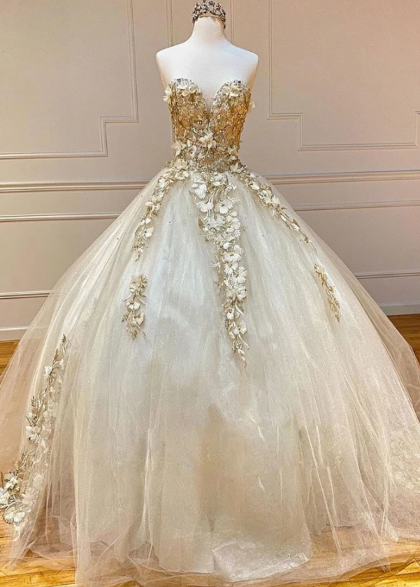 2021 Sweetheart Champagne Tulle Lace Long Formal Prom Dress, Evening Dress cg17319