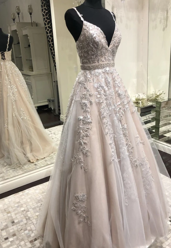 Elegant v neck lace long prom dress A line evening dress cg17326