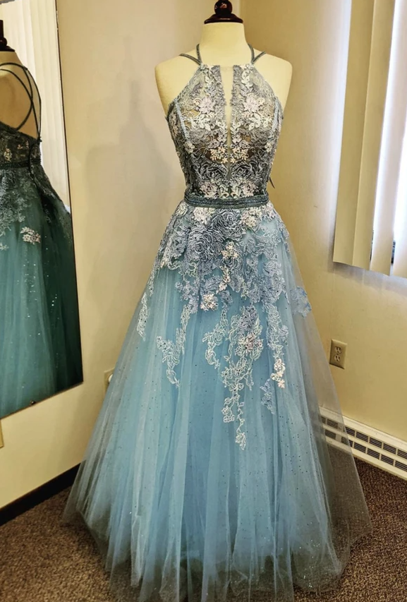 Blue lace long prom dress blue evening dress cg17328