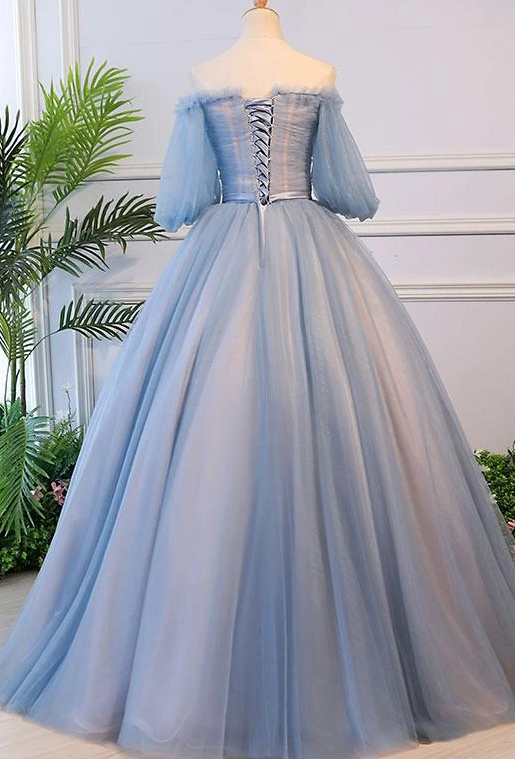 Blue Tulle Floral Off Shoulder Princess Formal Dress, Blue Sweet 16 Dress, Prom Dress cg17330