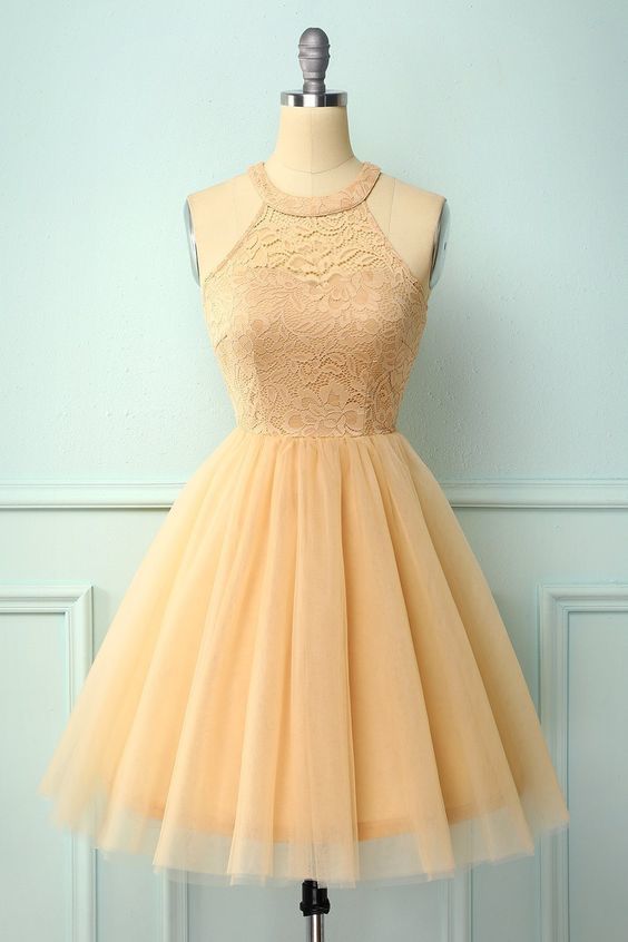 Halter Lace Champagne Homecoming Dress cg17335