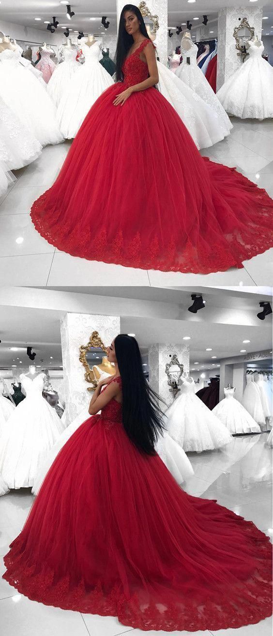 Lace V-neck Red Tulle Ball Gown,Chic Prom Dress cg17339