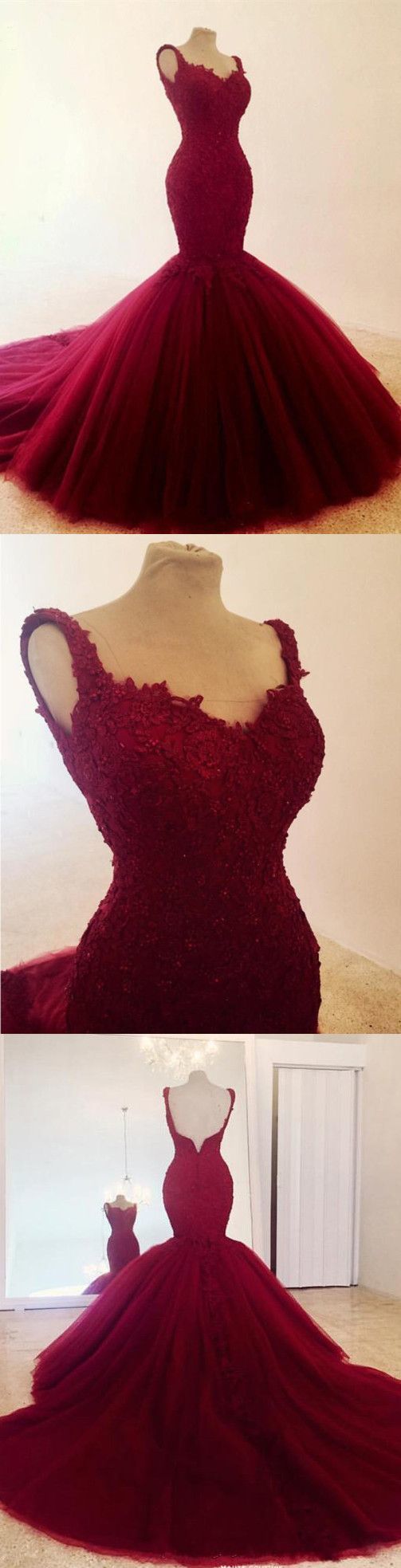 Lace Mermaid Tulle Prom Dress , Spaghetti Straps Prom Dress cg17340