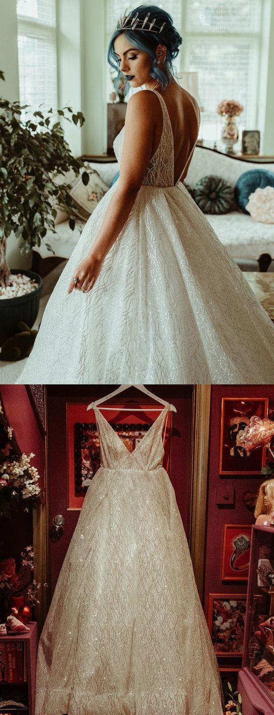 Sparkly V Neck White Long Prom Dress cg17343