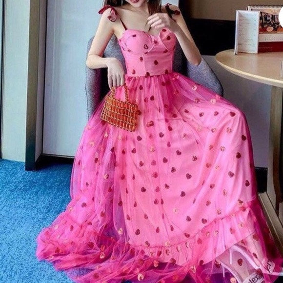 Glitter Sweetheart Fuchsia Long Party Dress with Red Dot Prom Dress cg17354