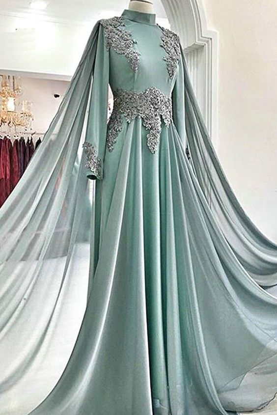 Green Tulle Sweep Train High Neck Long Arabic Prom Dress, Evening Dress With Sleeves cg17387