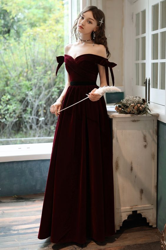 long prom dress priness off the shoulder burgundy velvet dress formal dress cg17395