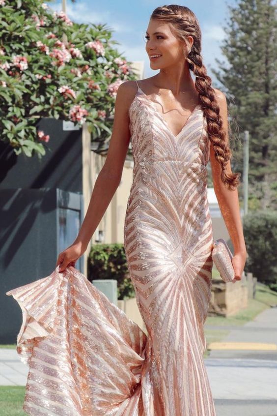 mermaid rose gold sequined long formal prom dress evening dress with train cg17398