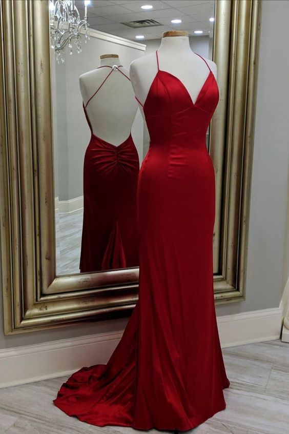 mermaid red long evening dress formal dress with open back prom dress cg17399