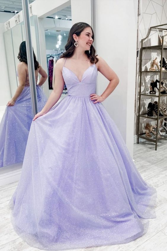 Glitter Spagheti Straps Lavender Long Prom Dress cg17405
