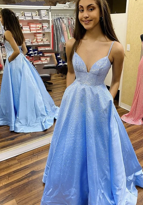 Blue satin beads long prom dress A line evening dress cg17408