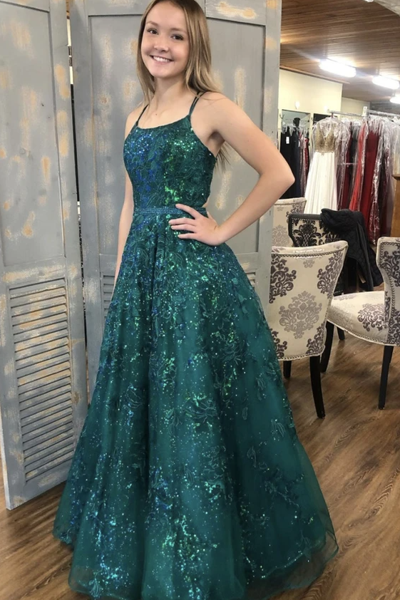 Green tulle sequins long A line prom dress evening dress cg17409
