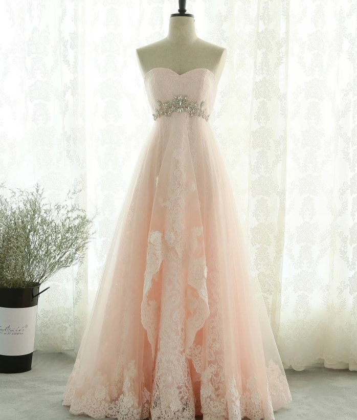 Pink Sweetheart Lace And Beaded Long Prom Dress, Pink Tulle Evening Dress cg17412