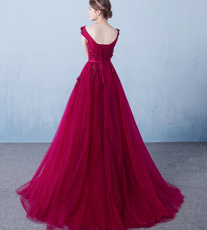 Wine Red Long Tulle Round Neckline Lace Applique Prom Dress, Tulle Evening Dress cg17413