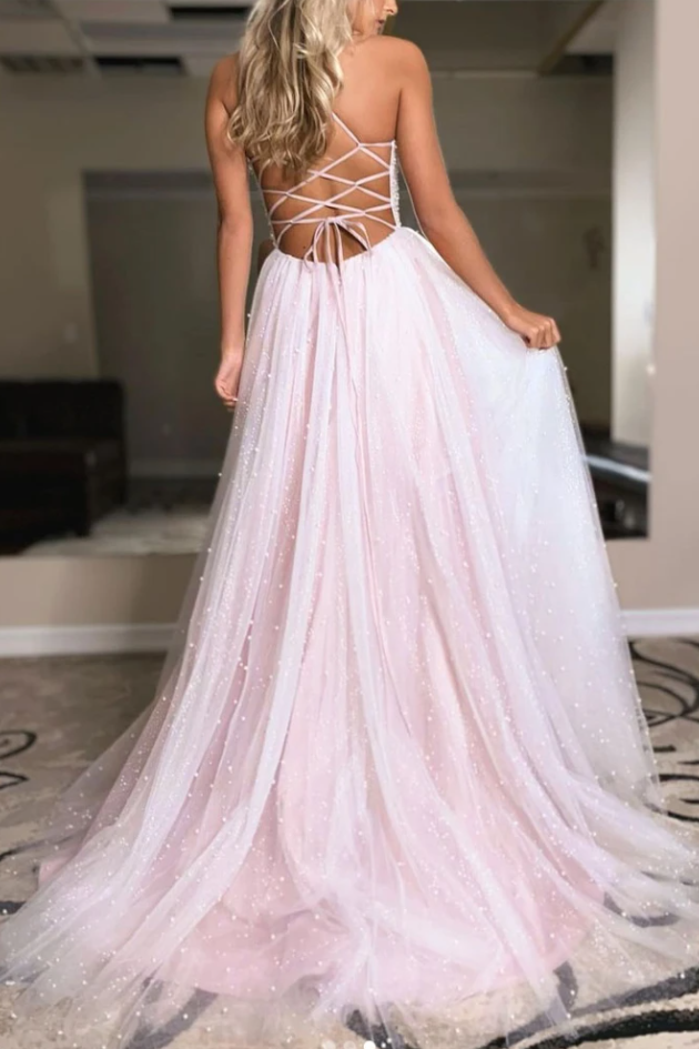 PINK V NECK TULLE BEADS LONG PROM DRESS PINK TULLE FORMAL DRESS cg17416