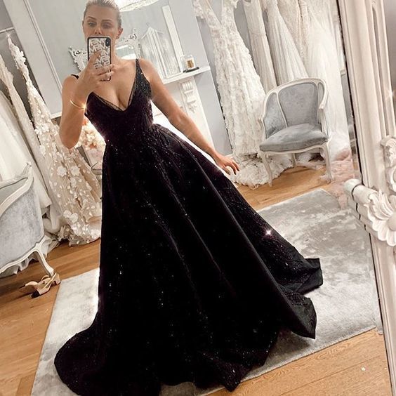 A-line V Neck Black Long Prom Dress cg17421