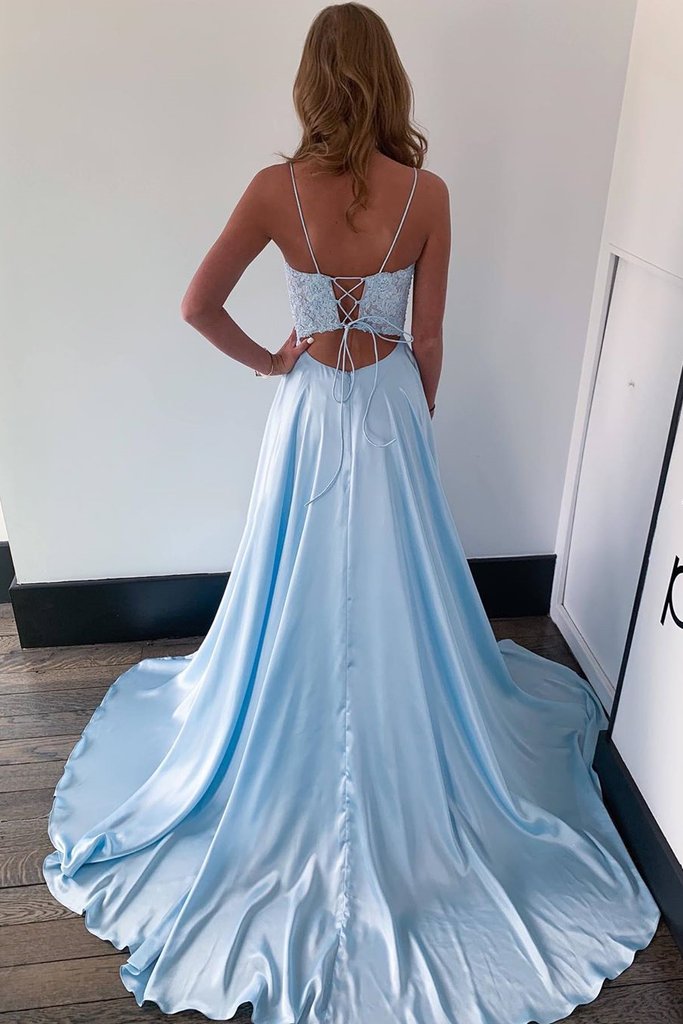 A Line Light Blue Lace Long Prom Dress with Slit, Light Blue Lace Formal Dress, Light Blue Evening Dress cg17427