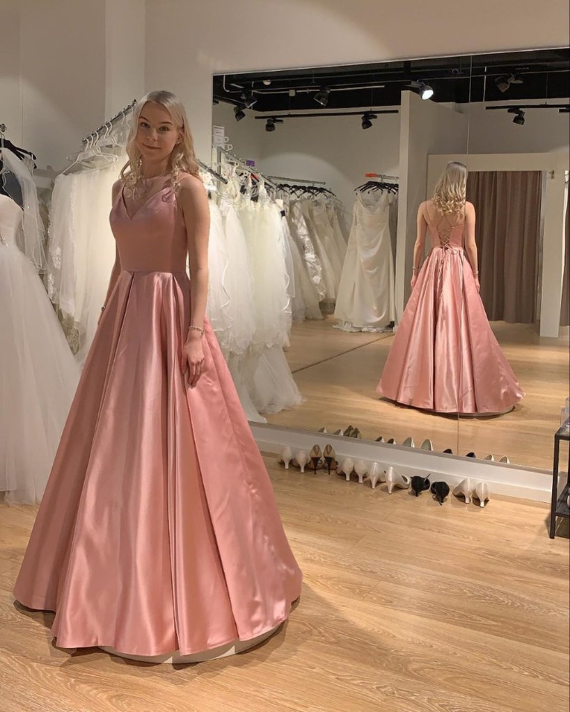 Princess V Neck Pink Satin Long Prom Dress, V Neck Pink Formal Graduation Evening Dress cg17428