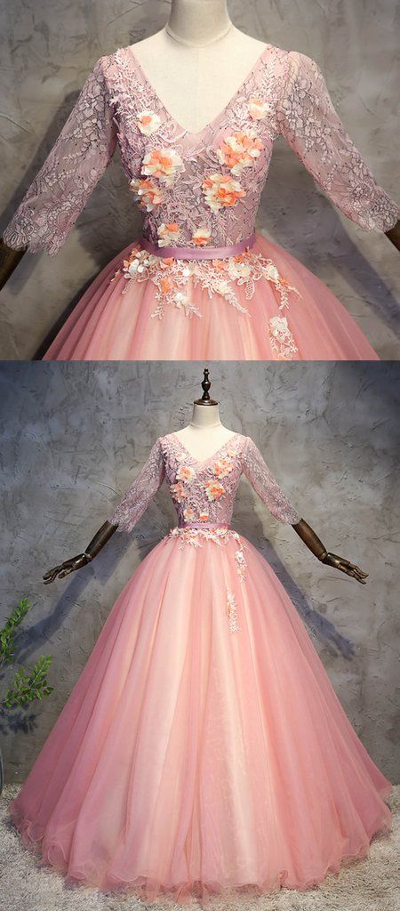 New brand pink tulle V neck mid sleeve long senior prom dress, long lace evening dress cg17430