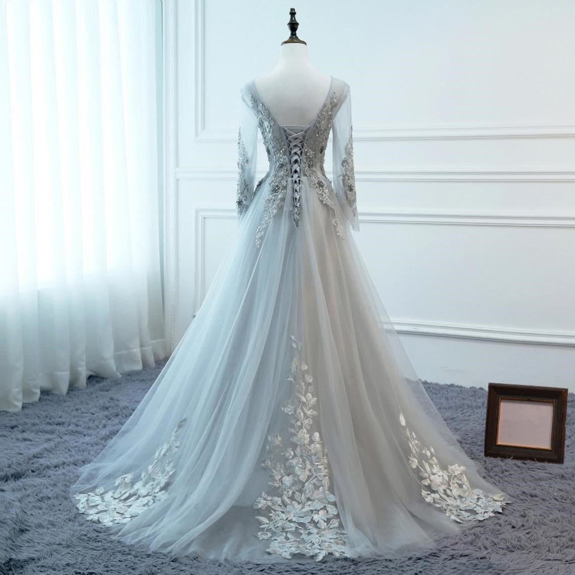 Grey Long Sleeves V-neckline Tulle Prom Dress 2021, A-line Floor Length Party Dress cg17487