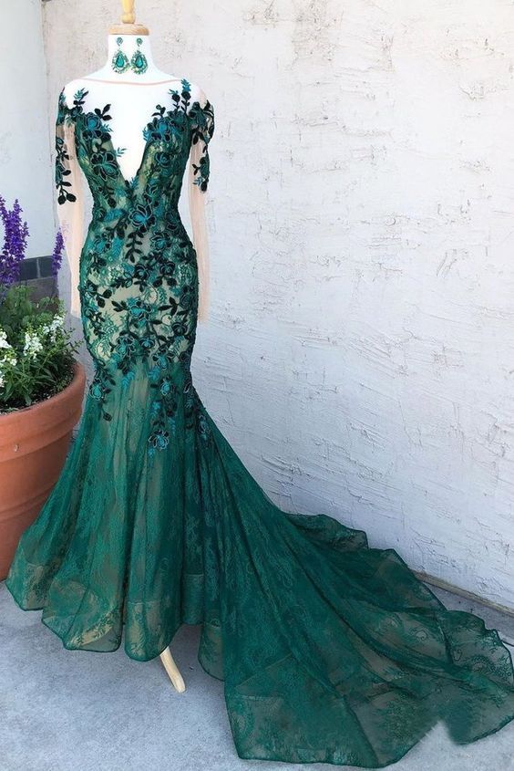 Mermaid Dark Green Prom Dresses With Long Sleeves Illusion Neck Party Dresses cg17490