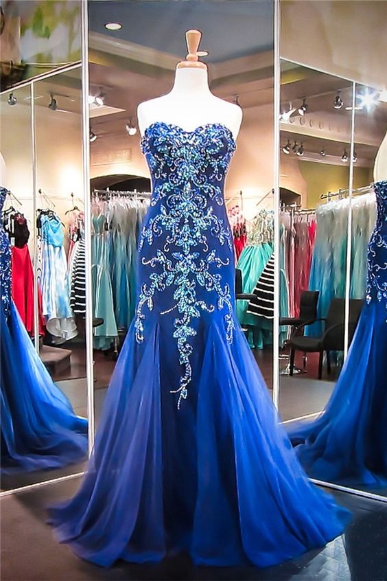 Gorgeous Mermaid Sweetheart Royal Blue Tulle Beaded Prom Dress cg17493