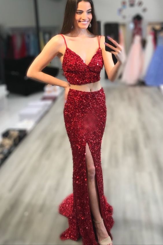 Two Piece Red Dress prom gown cg17508