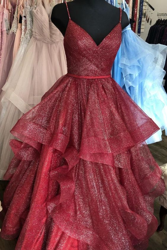 princess burgundy tiered long formal dress prom dress cg17509