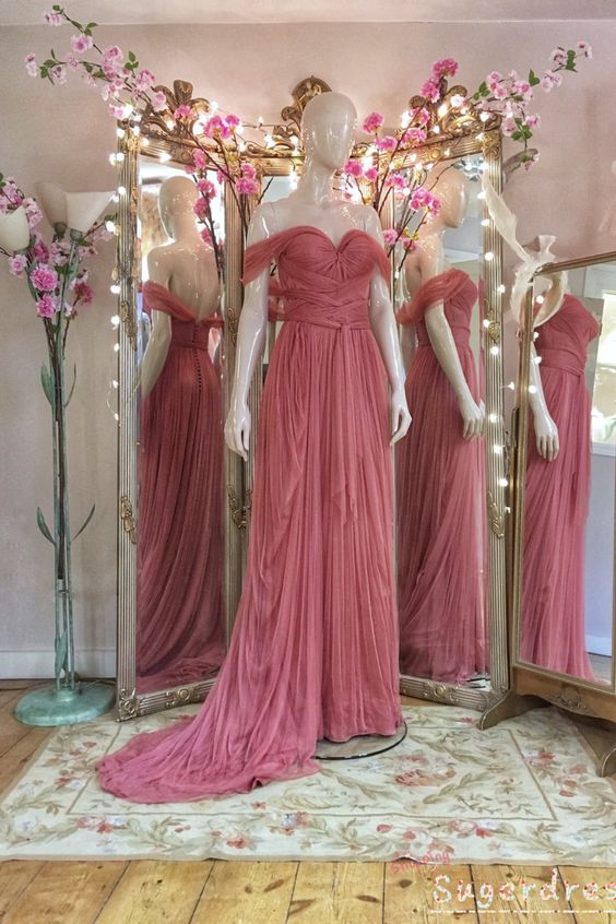 Vintage Pleated Off the Shoulder Rose Pink Prom Dress cg17515