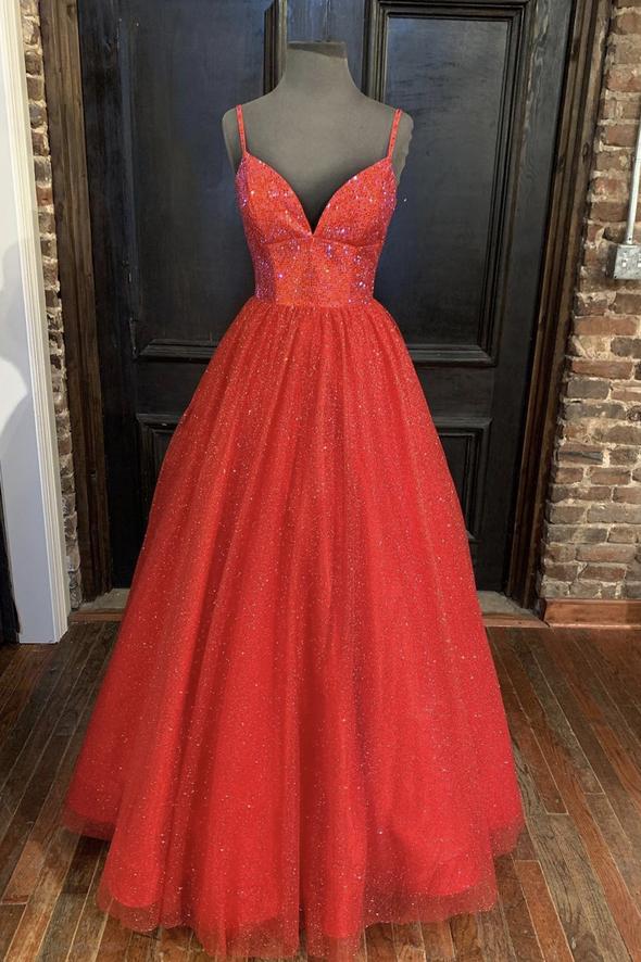 Red tulle beads long A line prom dress evening dress cg17517