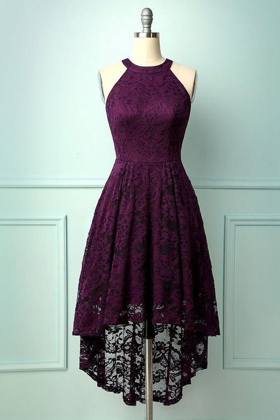 Lace Asymmetrical Halter Grape Lace Homecoming Dress cg17526