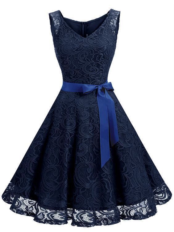 Floral Lace Belted Party Swing Dress V Neck Sleeveless Homecoming Dress cg17528