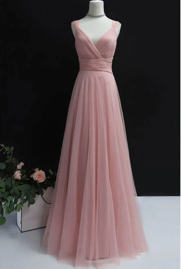 Simple pink tulle long prom dress pink tulle evening dress cg17534