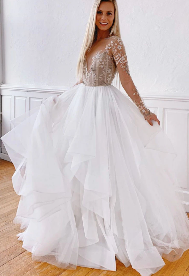 White round neck tulle lace long prom dress white evening dress cg17535