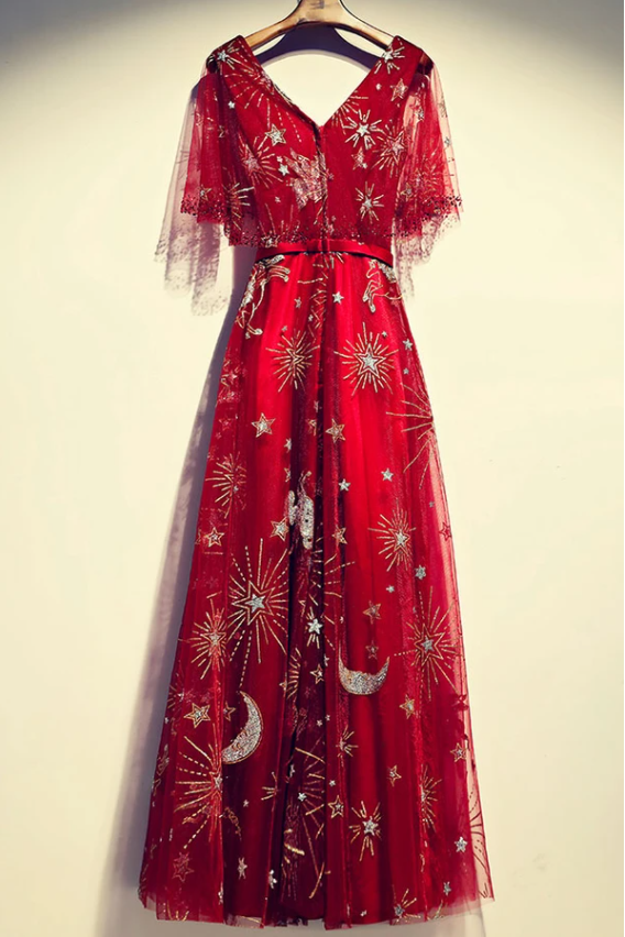 Burgundy tulle lace long prom dress, burgundy evening dress cg17537