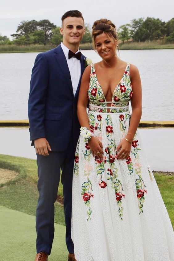 A-line white lace and floral embroidery long prom dress cg17574