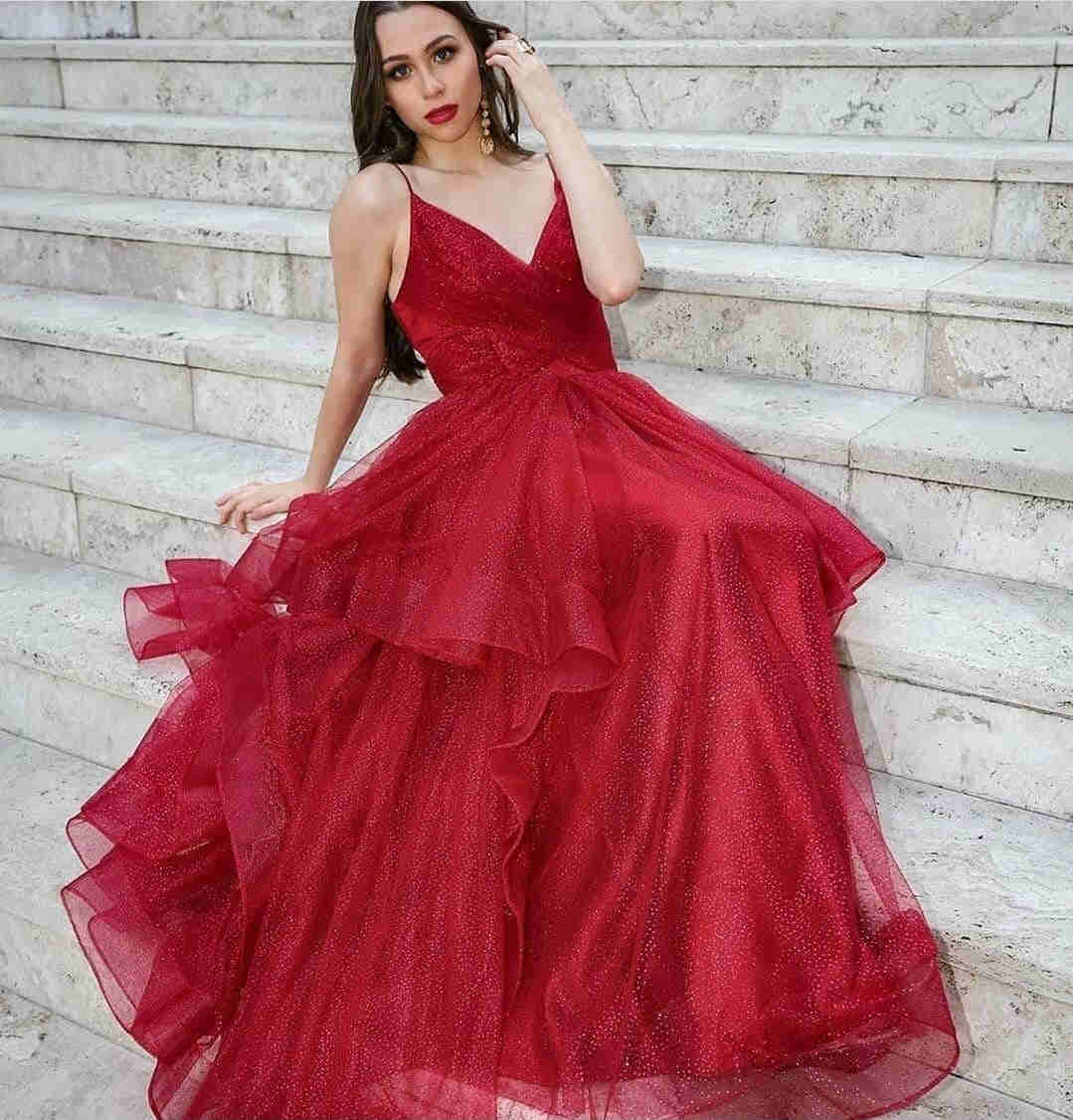 Glitter Straps V-Neck Red Long Prom Dress cg17580
