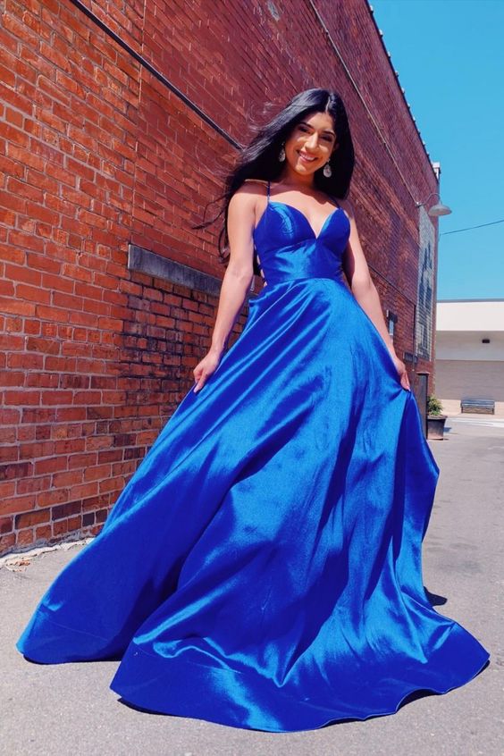 Royal Blue V-Neck Satin Long Prom Dress cg17582