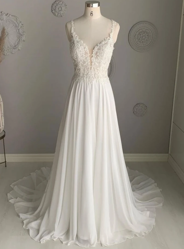 WHITE V NECK CHIFFON LACE LONG PROM DRESS WHITE LACE FORMAL DRESS cg17589