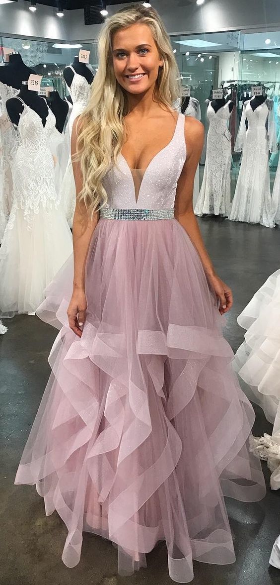 V neck Bling Prom Dresses, Tiered Ruffles Skirt Prom Dress cg17604