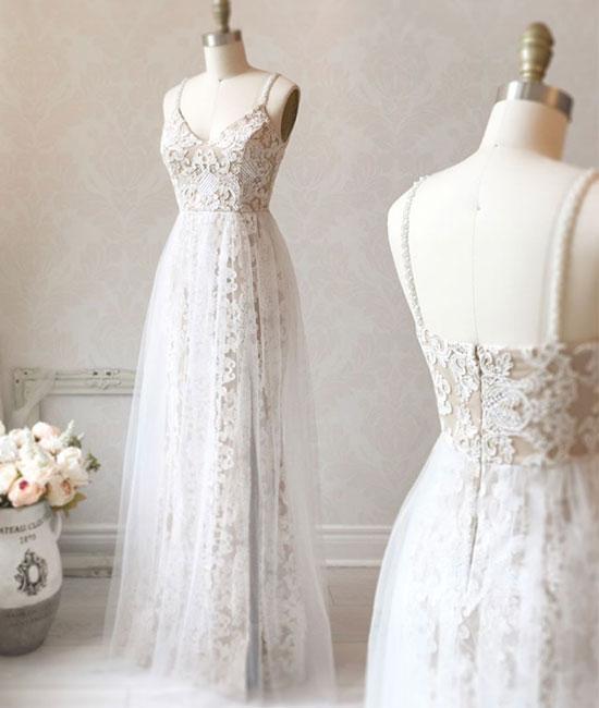 White v neck tulle lace long prom dress, white evening dress cg17608