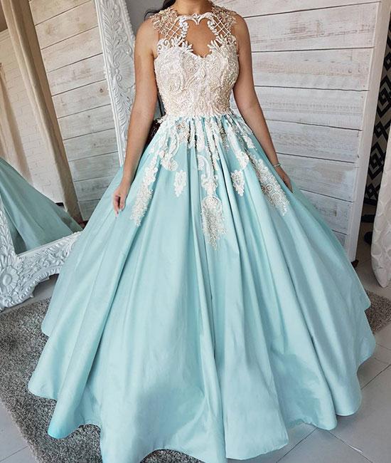 Unique satin lace applique long prom dress, blue evening dress cg17610