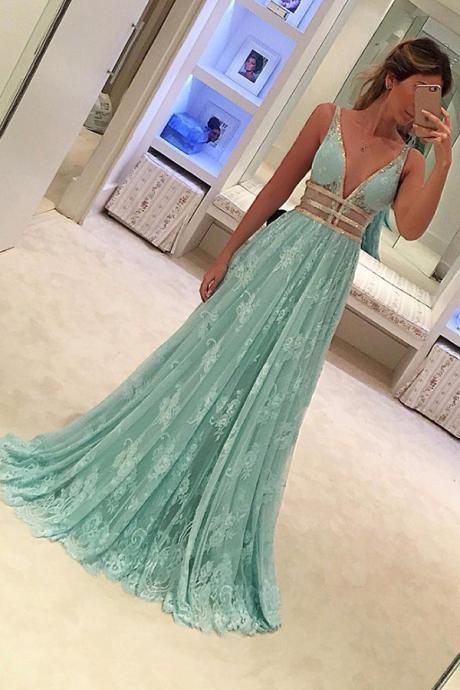 Mint Prom Dresses,V-neck Prom Dresses,Long Prom Dress,Elegant Prom Gowns,Evening Dresses cg17624