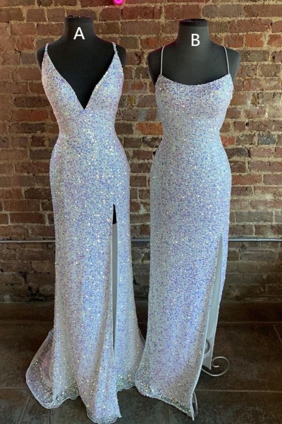 gorgeous mermaid white sequined long prom dresses formal dresses with side slit cg17641