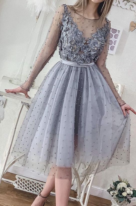Short Silver Grey Pearls Homecoming Dresses Long Sleeve Lace Appliqued Beads Mini Cocktail Party Dresses Cheap Formal Gowns cg1766