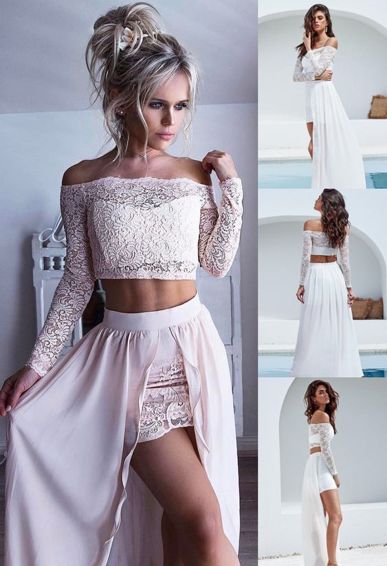 Two Piece Off-the-Shoulder Long Sleeves Pearl Pink Prom Dress with Lace cg17676