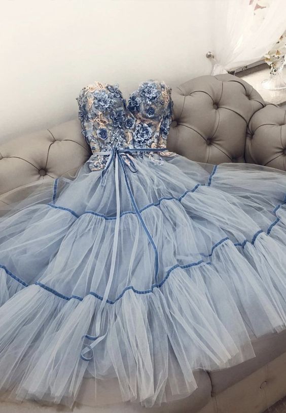 Blue lace short prom dress lace cg17693