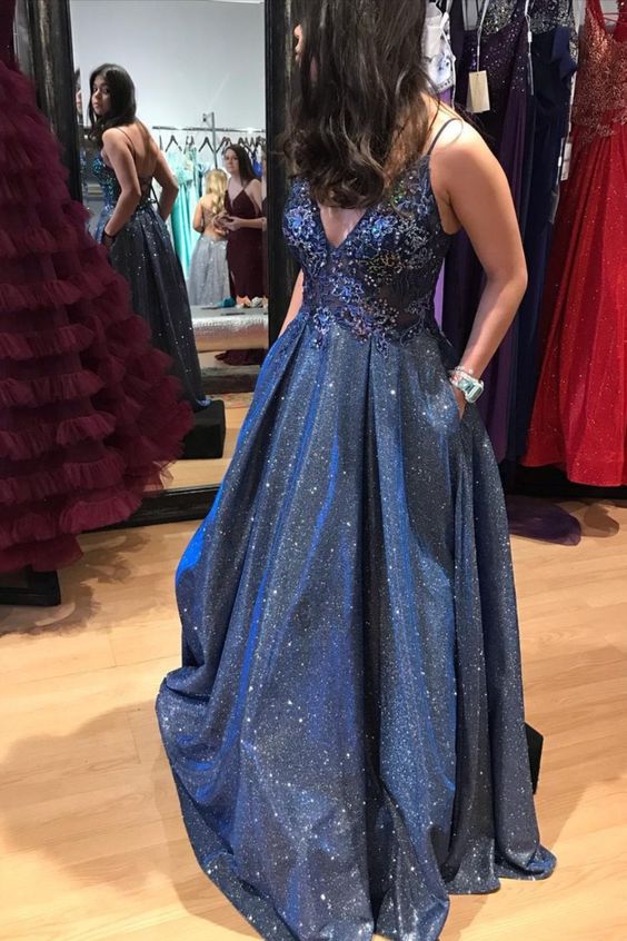 2021 A-line dark navy long prom dress formal dress with pockets cg17707