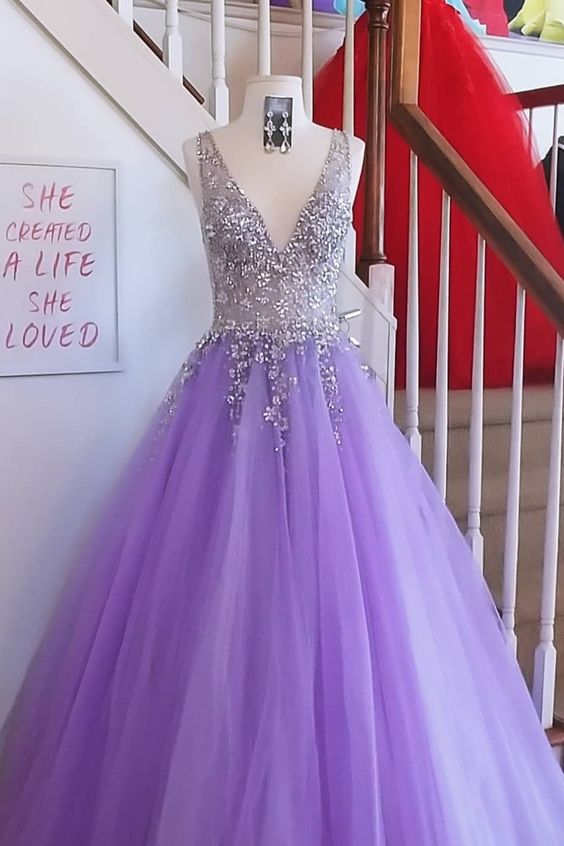 princess A-line purple tulle long prom dress with crystals, 2021 long prom dress cg17708