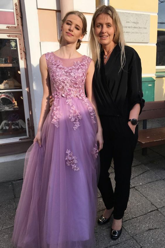 2021 A-line princess lilac tulle long prom dress formal dress with handmade flowers cg17709